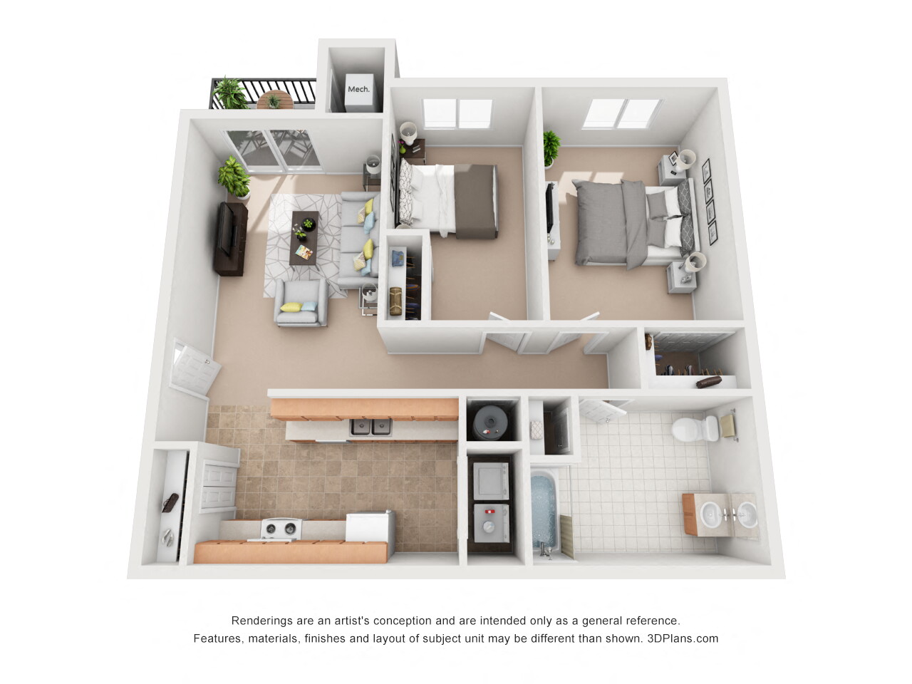 Floor plan for 2 beds, 1 bath, 865 sqft
